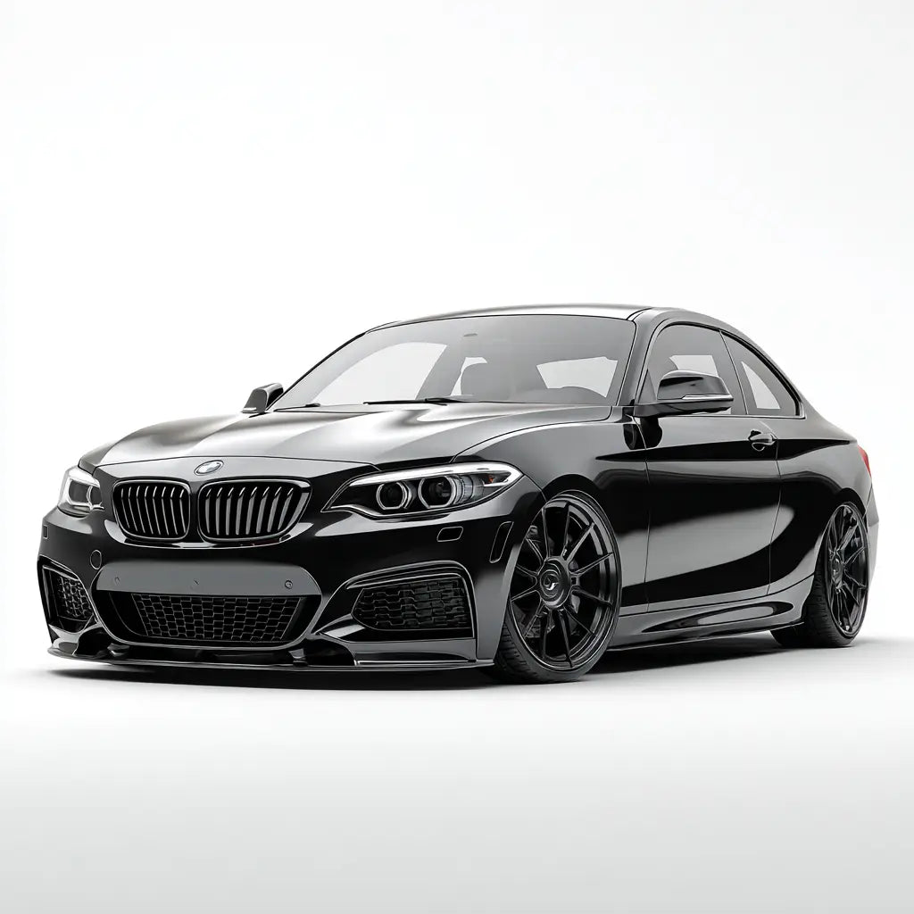 Fekete bmw 2 series coupe karbon szén kipufogó rendszerrel és sportos fekete ötvözött kerékkel a 2er f22/f23 kollekcióból