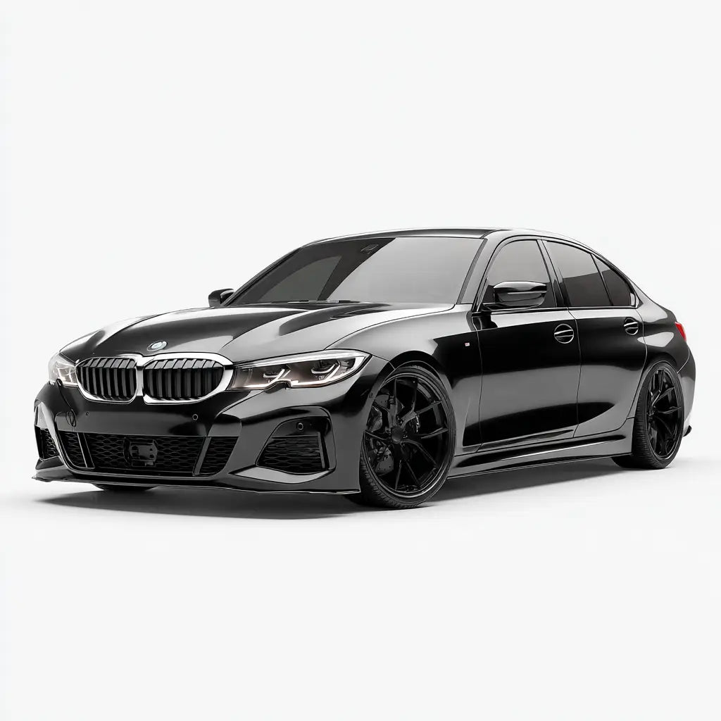 Fekete bmw 3-as sorozat g20 szedán sportos karbon kipufogó rendszerrel és fényes fekete könnyűfém keréktárcsákkal