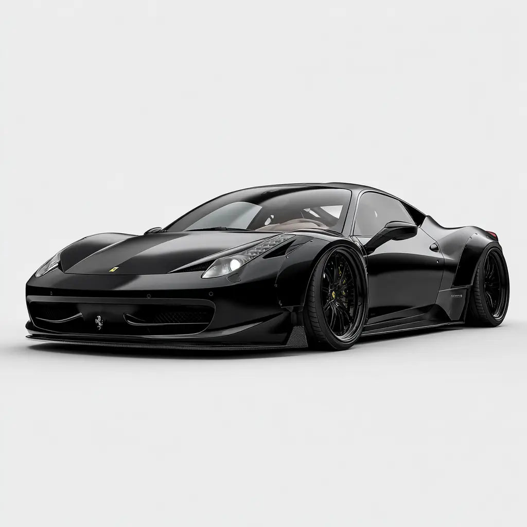 Fekete ferrari 458 italia fényes karbon szálas custom széles testtel a 458 kollekcióban kipufogó rendszerrel