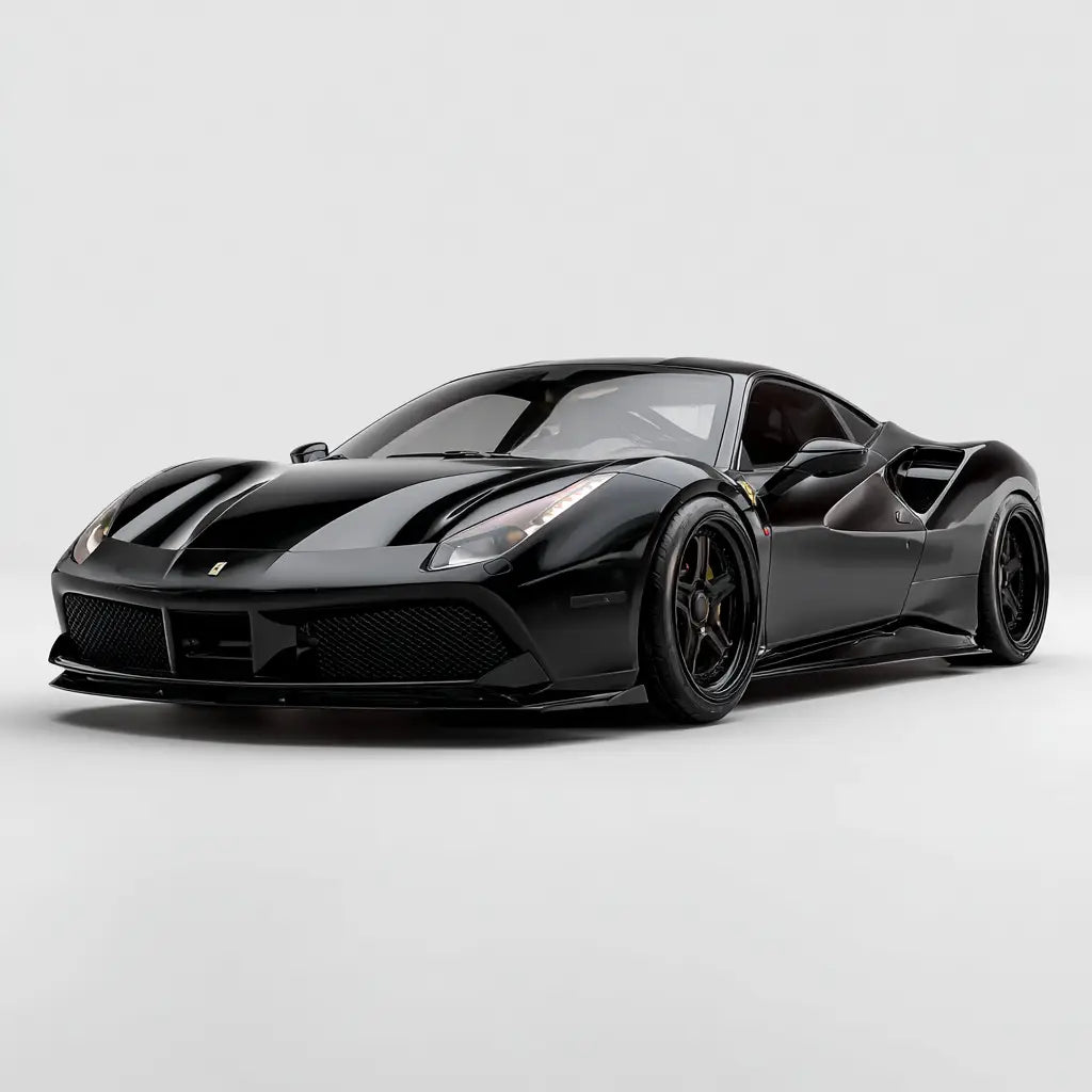 Fekete ferrari 488 gtb sportautó karbon szén kipufogó rendszerrel és aerodinamikus kialakítással a 488 kollekcióból
