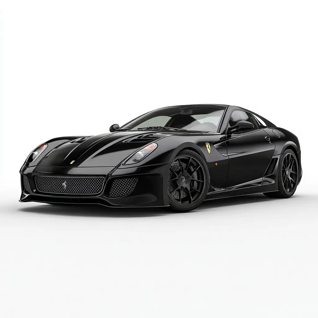 Fekete ferrari 599 gtb fiorano sportautó karbon szén kipufogó rendszerrel és sárga ló emblémával a 599 kollekcióban