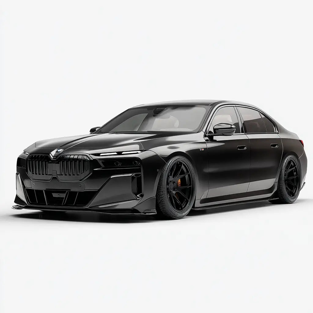 Fekete bmw 7 series sportos karbonszálas kipufogó rendszerrel a 7er g70 kollekcióból