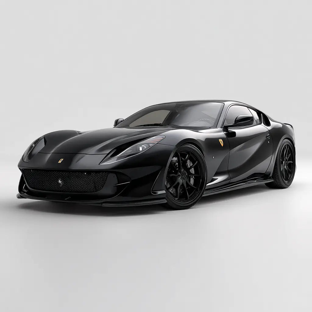 Fekete ferrari 812 superfast sportautó karbonszálas kipufogó rendszerrel és aerodinamikus kialakítással a 812 gyűjteményből