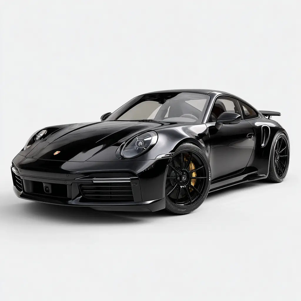 Fekete porsche 911 turbo s fényes felülettel és fekete karbon szén kipufogó rendszerű 911 992 carrera/turbo s gyűjteményből