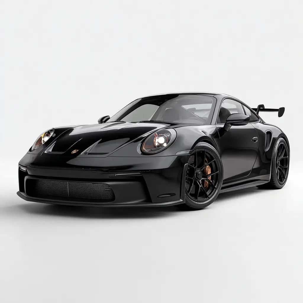 Fekete porsche 911 gt3 992 gt3 gt3rs kollekció karbon szén kipufogó rendszerrel és aerodinamikus kialakítással