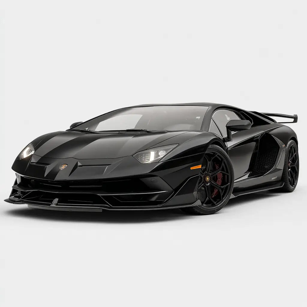 Fekete lamborghini aventador svj karbon szénszálas kipufogó rendszerrel és piros féknyergekkel az aventador gyűjteményből