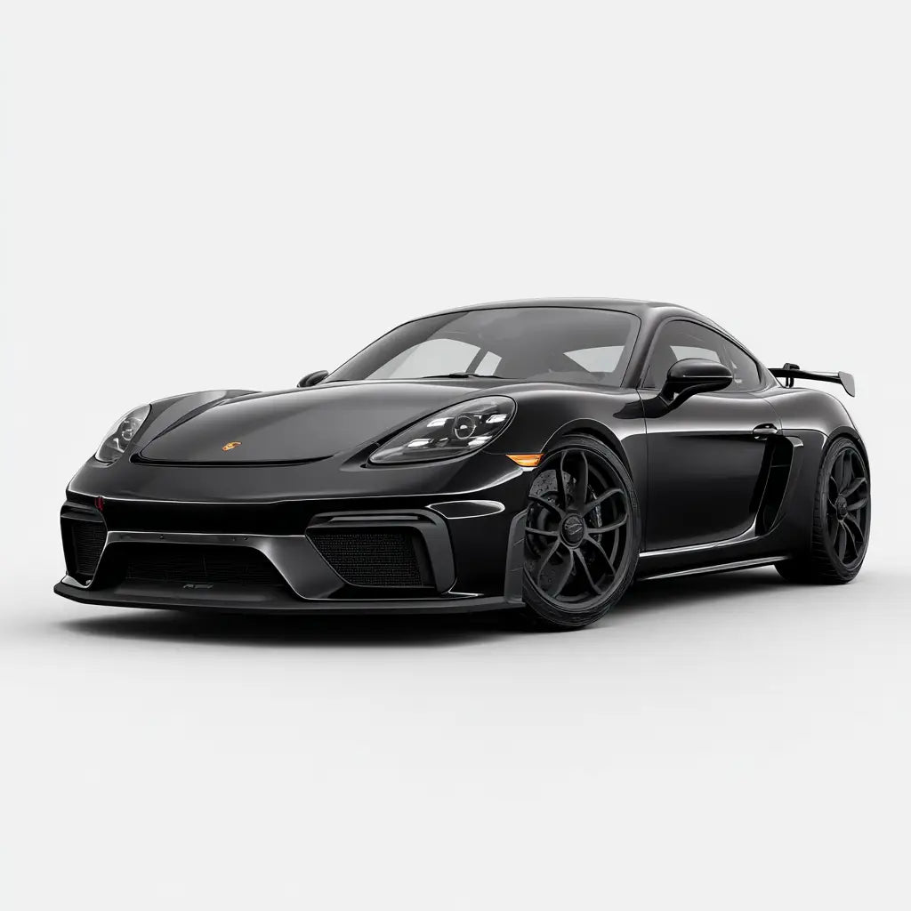 Fekete porsche 718 cayman gt4 karbon szén kipufogó rendszerrel és sportos aerodinamikai elemekkel a boxster/cayman kollekcióból