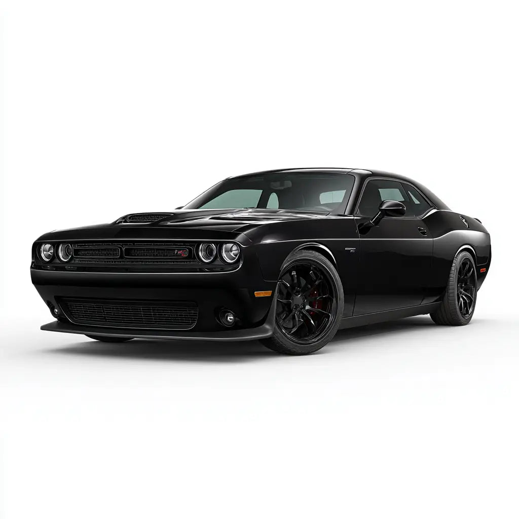 Fekete dodge challenger rt carbon fiber kipufogó rendszerrel és fekete ötvözött kerékkel a challenger gyűjteményből