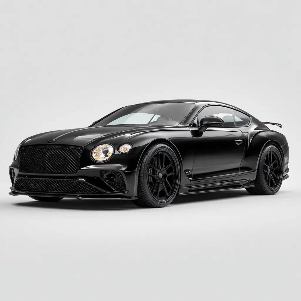 Fekete bentley continental gt magas fényű kivitelben fekete karbon fiber felnik és kipufogó rendszer részlettel
