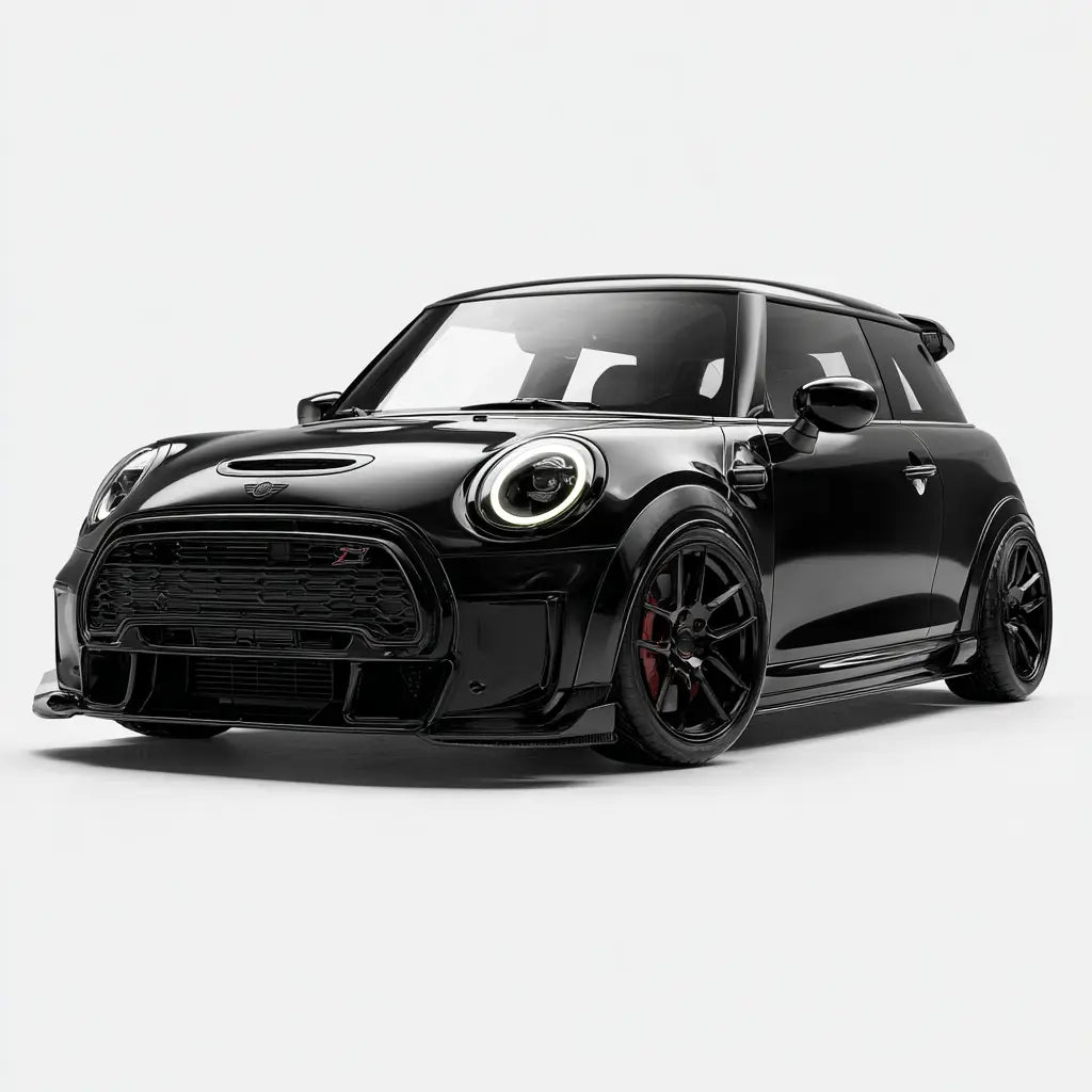 Fekete fényes mini cooper john cooper works piros féknyergekkel és fekete karbon kipufogó rendszerrel a cooper kollekcióban