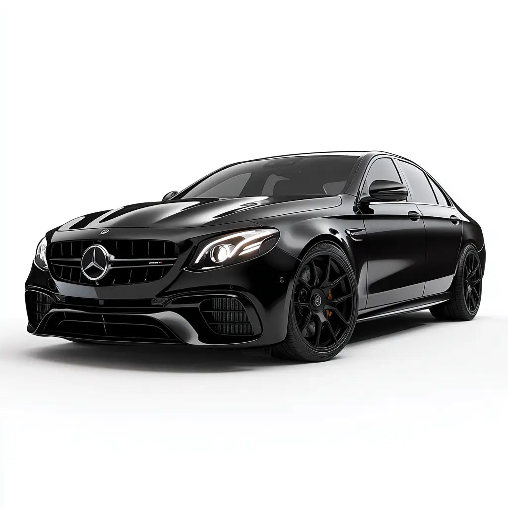 Fekete mercedes-amg e63 s szedán sportos dizájnnal és karbon szén kipufogó rendszerrel az e class w213 kollekcióból