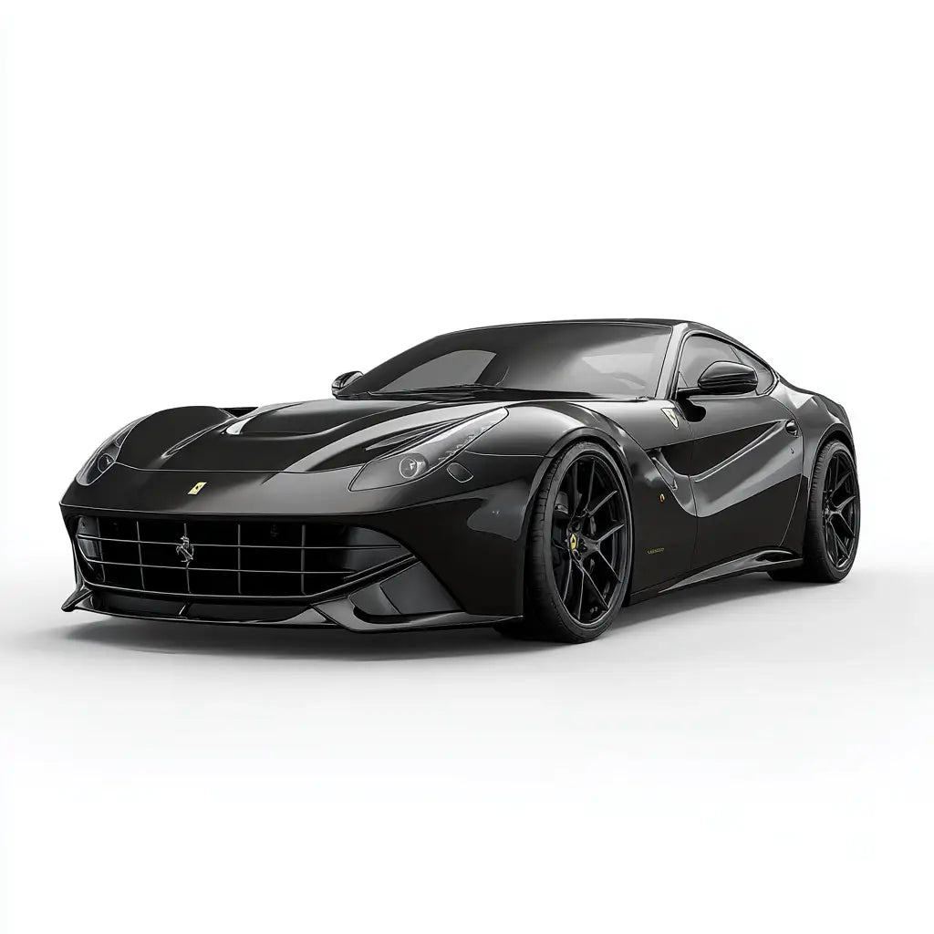Fekete ferrari f12 berlinetta karbon szálas kipufogó rendszerrel és fényes, aerodinamikus kialakítással a f12 gyűjteményből