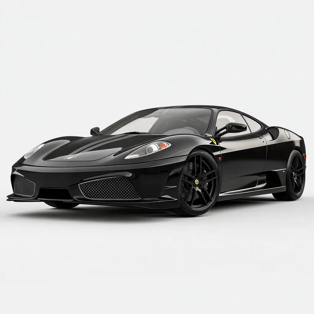 Fekete ferrari 430 scuderia sportautó fényes kivitelben sárga prancing horse emblémával kipufogó rendszer karbon szálas elemekkel