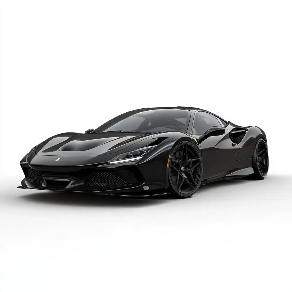 Fekete ferrari f8 tributo sportkocsi carbon fiber elemekkel és aerodinamikus designnal a kipufogó rendszerrel
