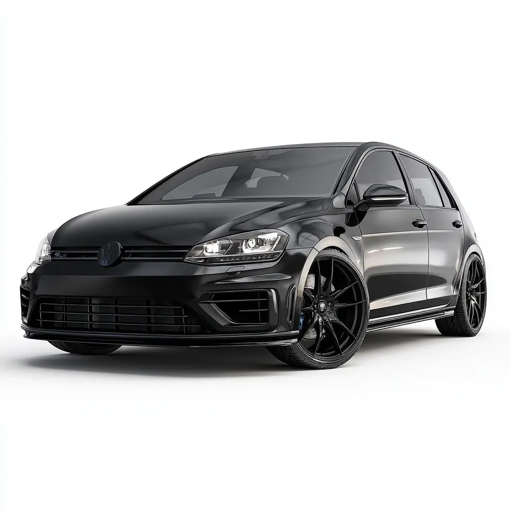 Fekete volkswagen golf gti golf mk7 gyűjteményből, karbon szén kipufogó rendszerrel és sportos fekete alufelnikkel