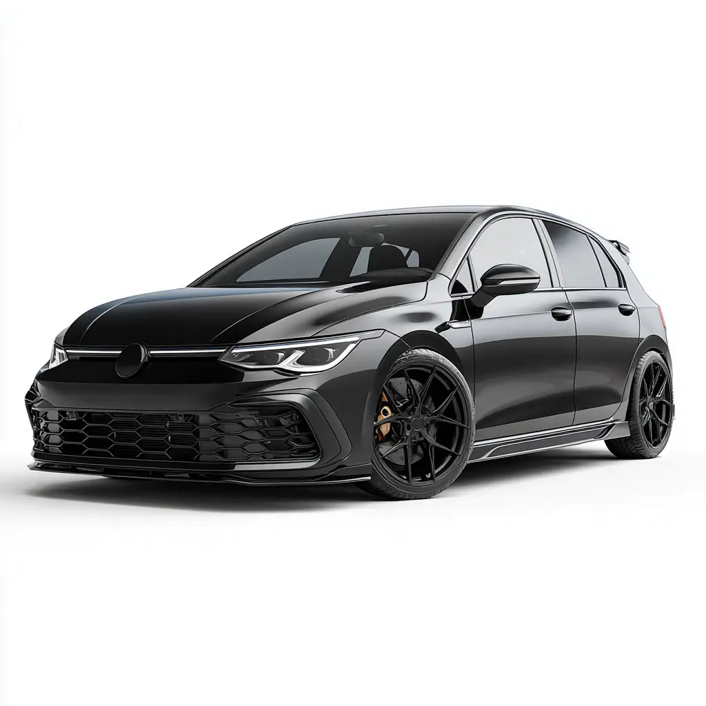 Fekete matt volkswagen golf gti karbon szén kipufogó rendszerrel és sportos felnikel a golf mk8 kollekcióban