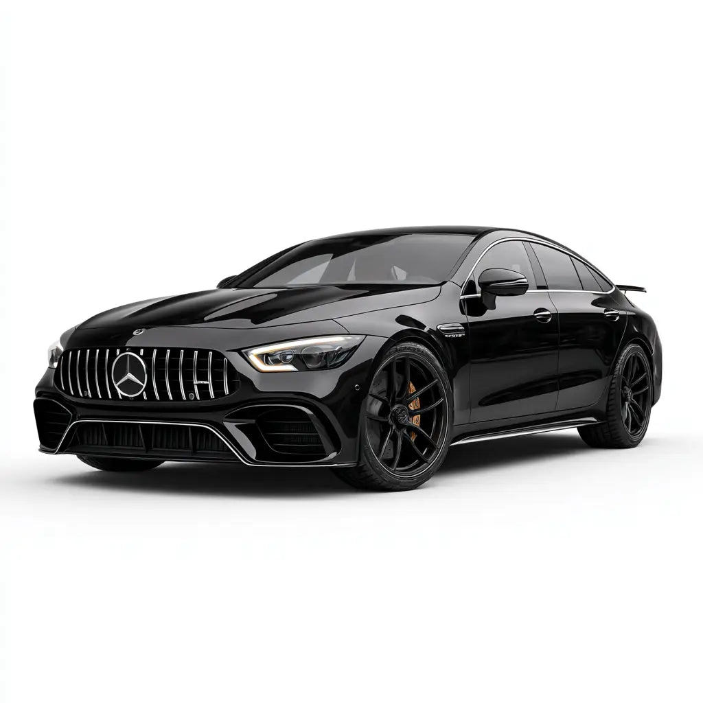 Fekete mercedes-amg gt 63 s coupe karbon szén kipufogó rendszerrel és fényes sportos kivitelben gt43/53/63 c190/x290 sorozatban