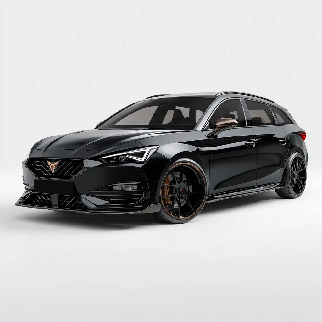 Fekete cupra leon estate fényes felülettel és bronz kiemelésű kerekekkel leon kollekcióban carbon fiber kipufogó rendszerrel