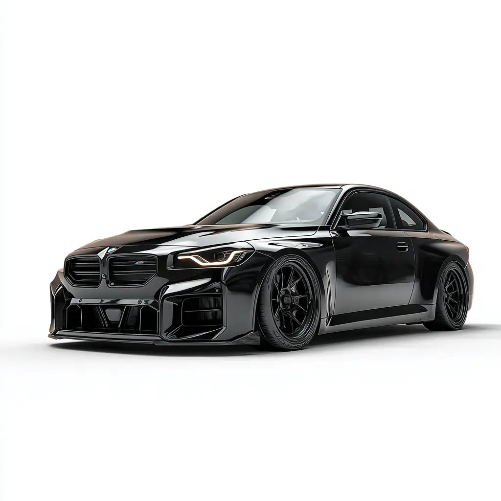 Fekete fényes bmw m760i kupé agresszív karbon fiber aerodinamikus testkittel és sötét alloy kerekekkel m2 g87 kollekcióból