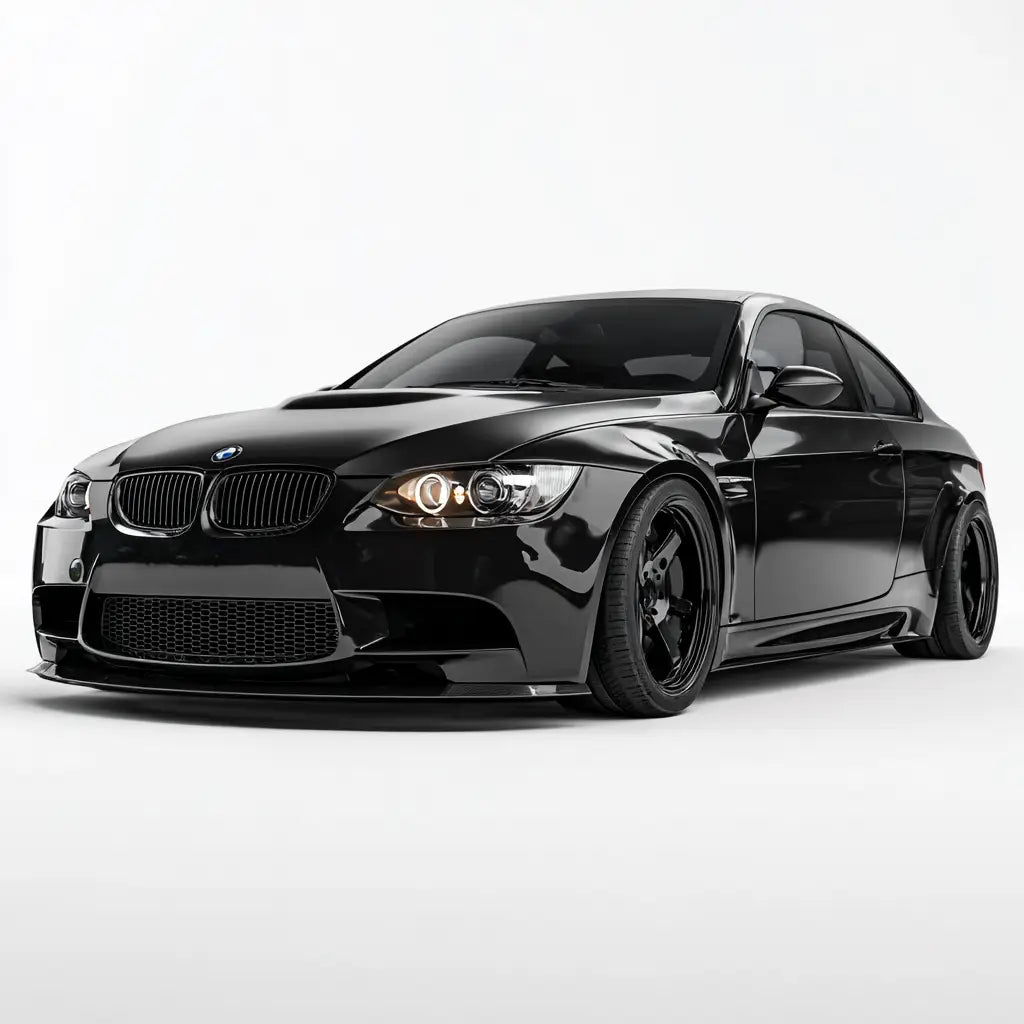 Fekete, fényes bmw m3 coupe karbon szén kipufogó rendszerrel és sötét könnyűfém keréktárcsákkal az m3/3er e90/e92 kollekcióból