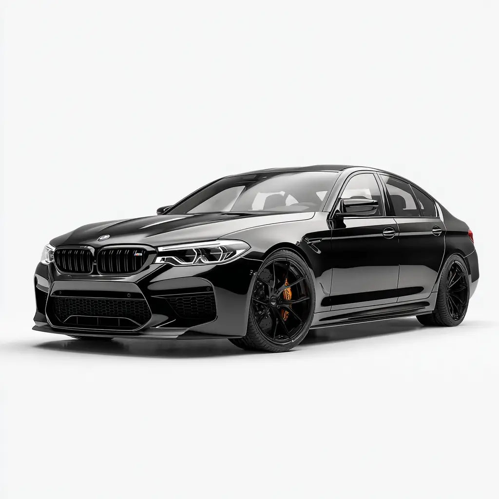 Fekete bmw m5 sedan fényes felülettel és fekete karbon kipufogó rendszerrel az m5/5er f90/g30 kollekcióban
