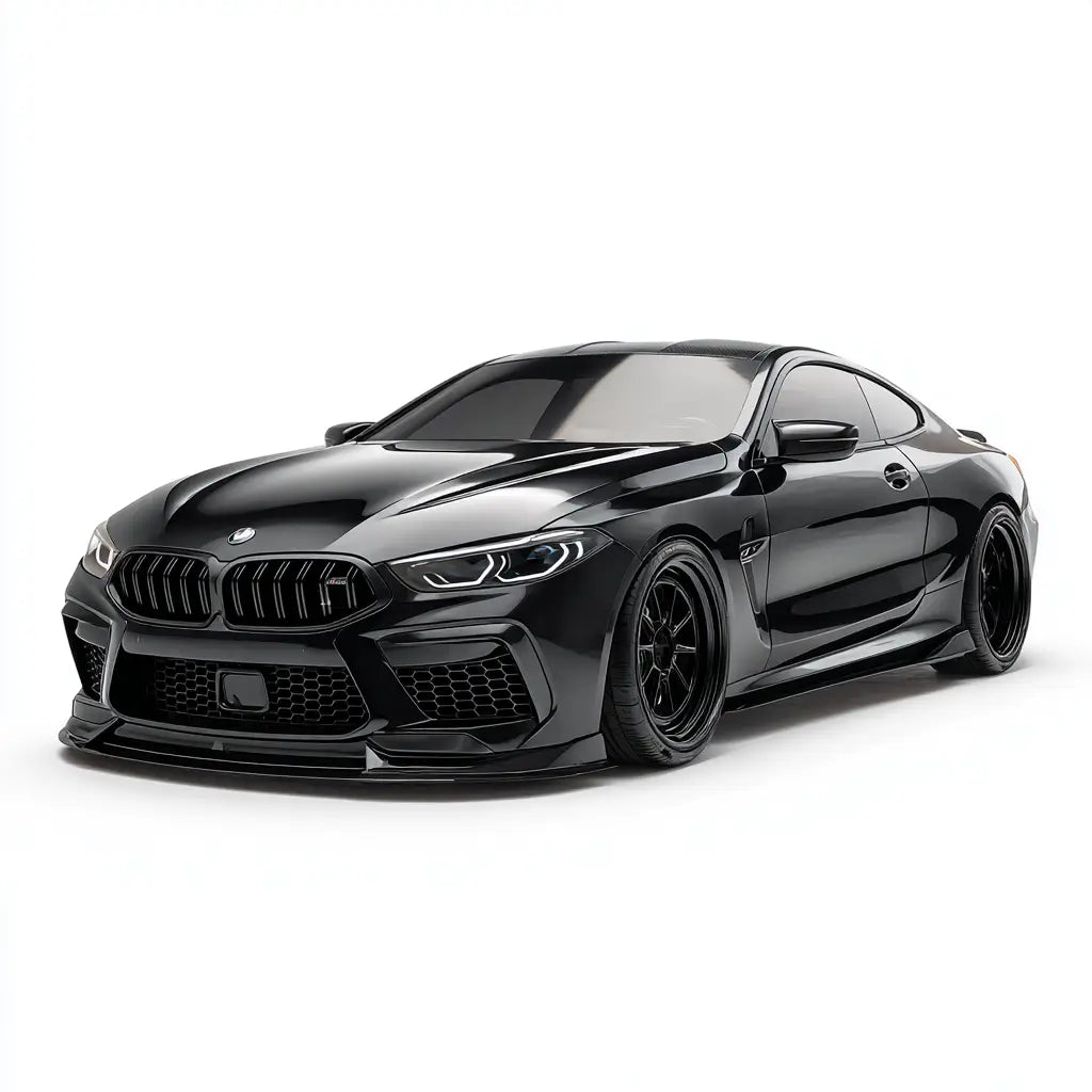 Fekete bmw m8 coupe fényes karbon kipufogó rendszerrel a m8 8er f92 g14 g15 g16 kollekcióban