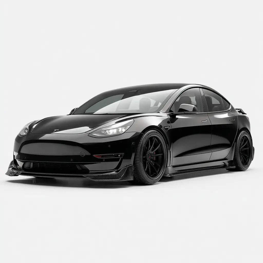 Fekete tesla model 3 karbon szálas kipufogó rendszerrel és fényes felülettel a model 3 gyűjteményből