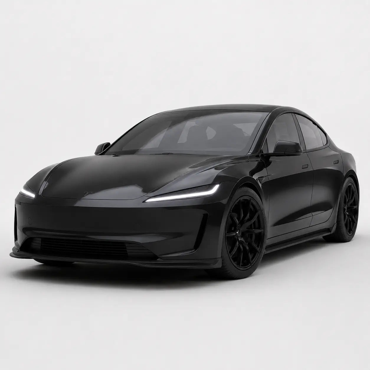 Fekete matt felületű tesla model 3 sedan carbon fiber részletekkel és fekete könnyűfém keréktárcsákkal a model 3 highland kollekcióban