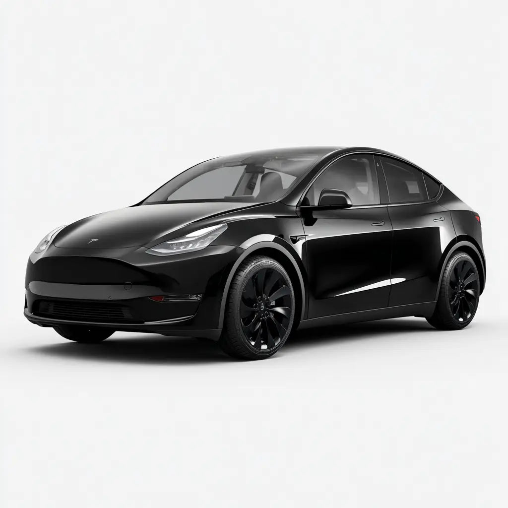 Fekete tesla model y matt fekete kerékkel, modern dizájn carbon fiber hatású kipufogó rendszerrel