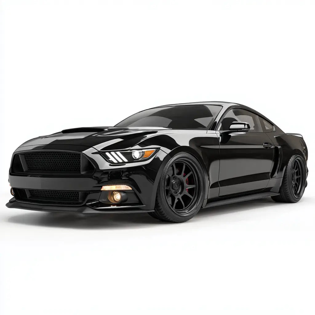 Fekete, fényes ford mustang karbon szén kipufogó rendszerrel és egyedi fekete alumínium kerekekkel