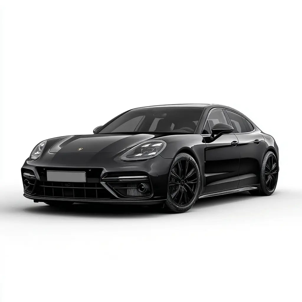 Fekete porsche panamera sportos kipufogó rendszerrel és karbon szénnel megerősített könnyűfém felnikkel