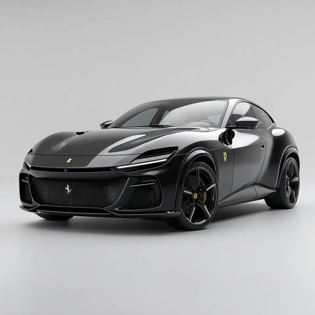 Fekete ferrari sf90 stradale karbon szén kipufogó rendszerrel és sárga prancing horse emblémákkal a purosangue gyűjteményben