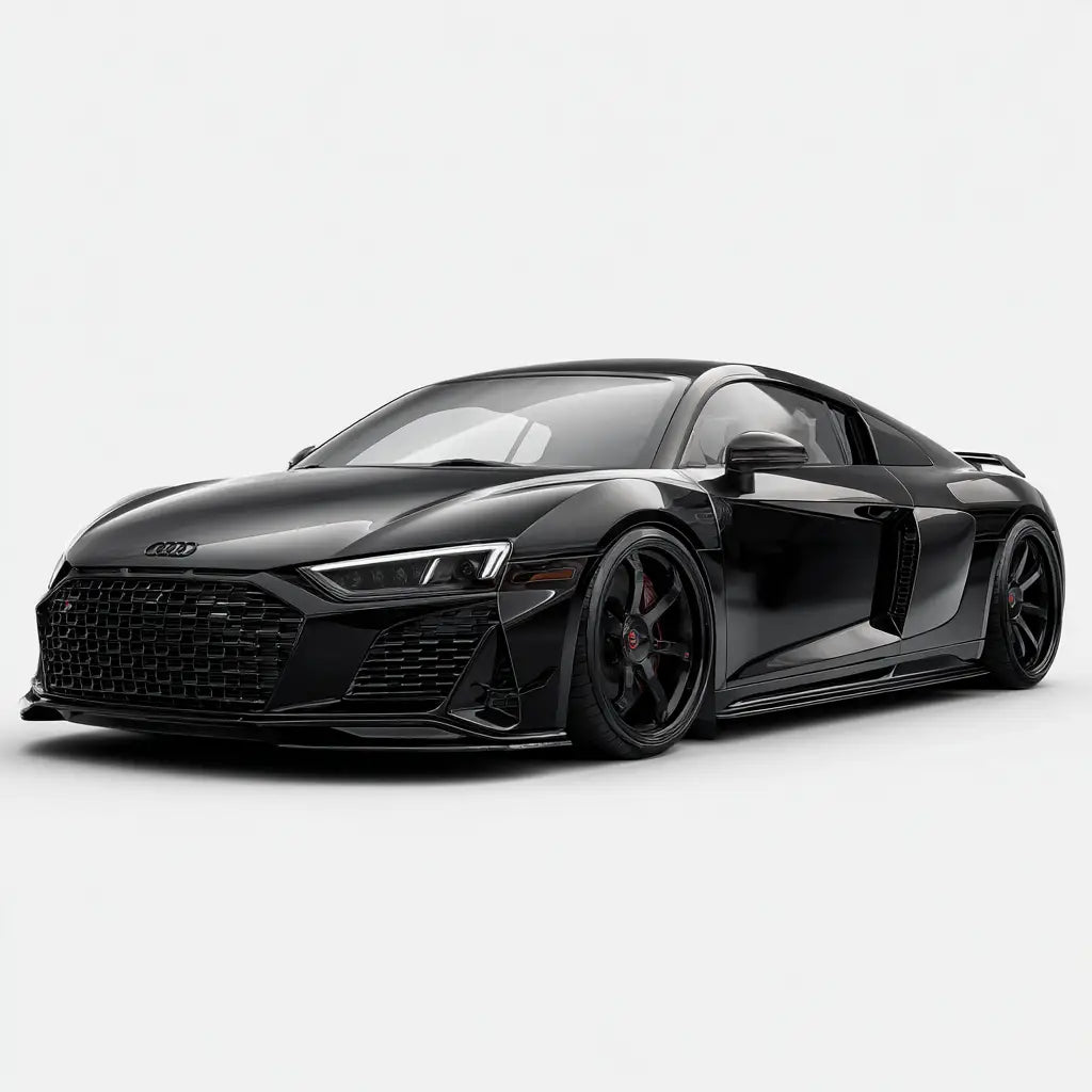 Fekete audi r8 sports autó carbon fiber anyagú aero kialakítással r8 1gen 2gen gyűjteményben kipufogó rendszer hangsúllyal