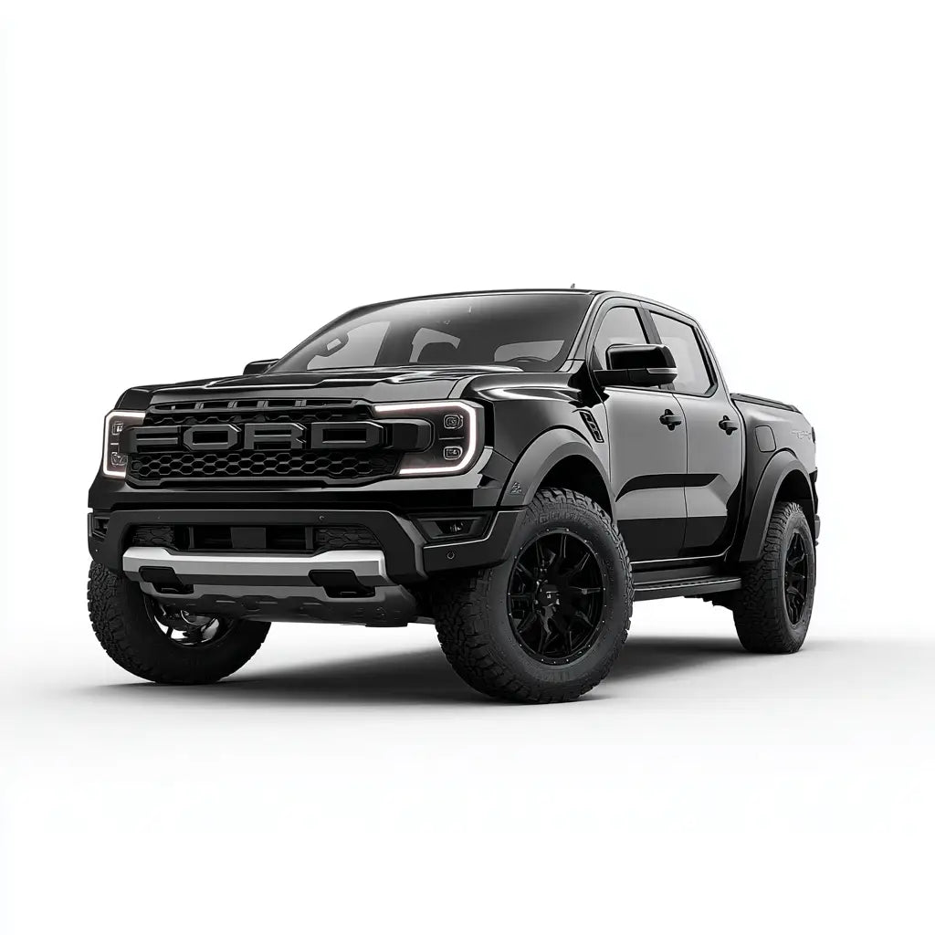 Fekete ford raptor pickup truck matt fekete kerekekkel és karbon szálas kipufogó rendszerrel a ranger kollekcióban
