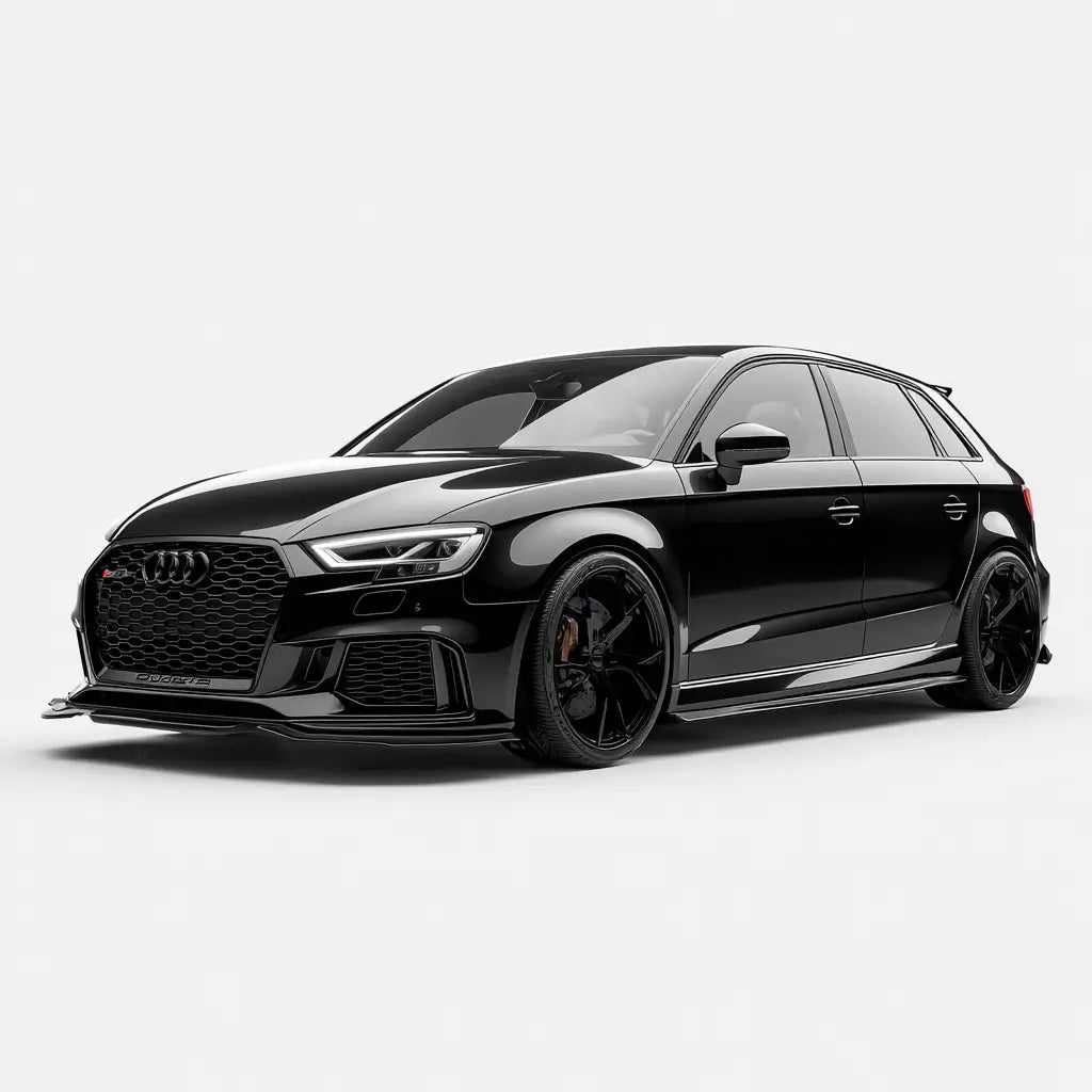 Fekete audi rs3 sportback 8.5v karbon szálas kipufogó rendszerrel és agresszív aerodinamikai stylinggal