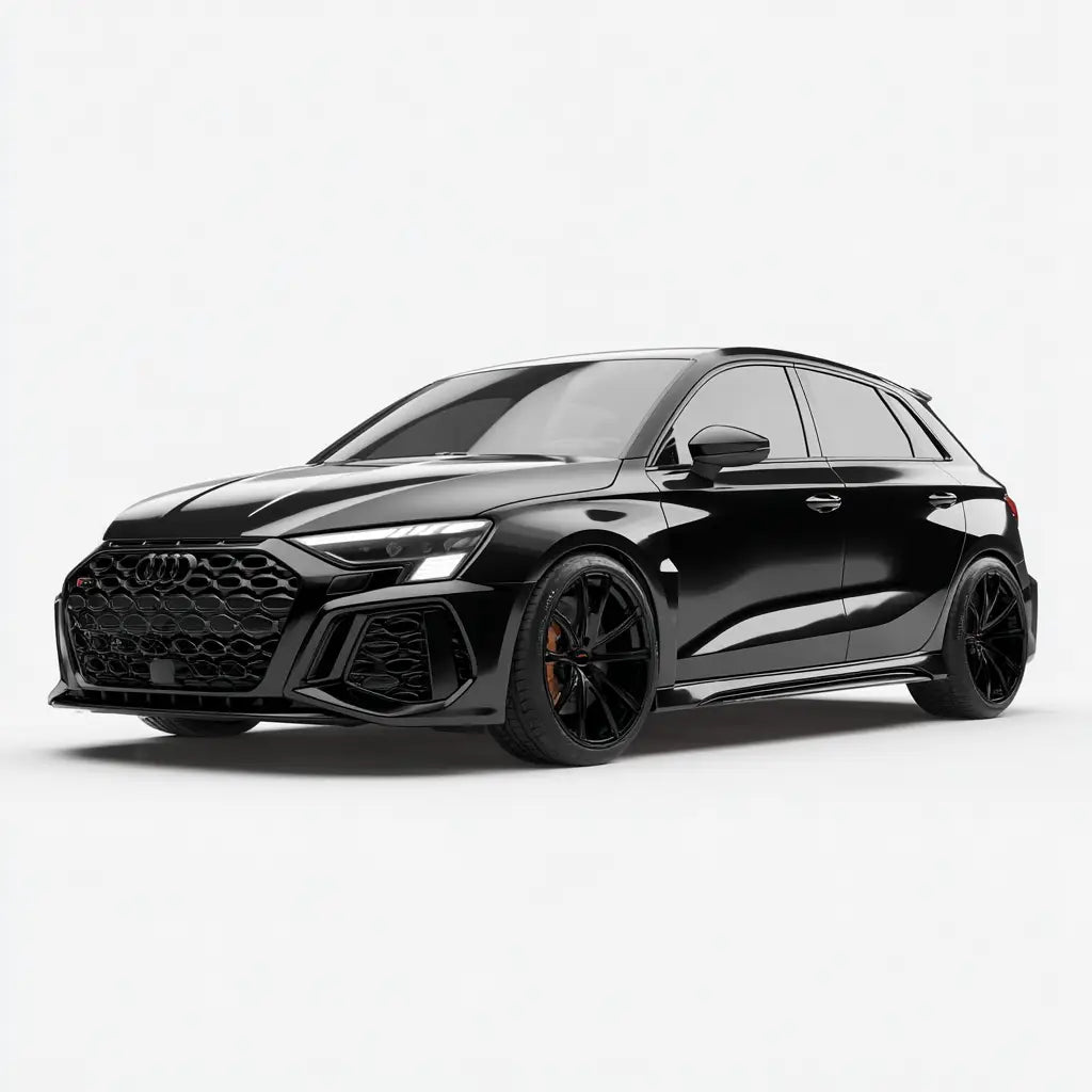 Fekete audi rs3 sportback karbon szálas kipufogó rendszerrel és agresszív aerodinamikai dizájnnal rs3 8y gyűjteményben