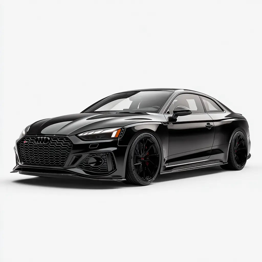 Fekete audi rs5 coupe sportos designnal és carbon fiber kipufogó rendszerrel az rs4/rs5 b9 kollekcióban