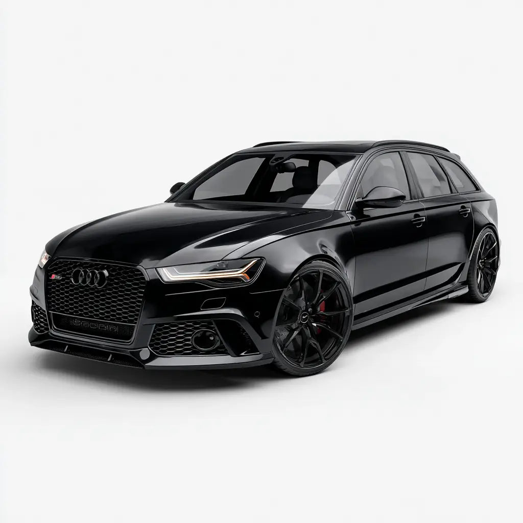 Fekete audi rs6 avant sportos dizájnnal és carbon fiber részletekkel az rs6 rs7 c7 kollekcióból kipufogó rendszerrel