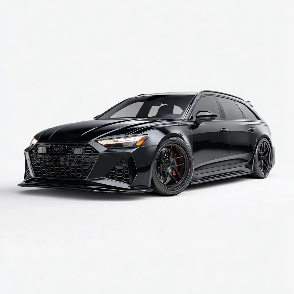 Fekete audi rs6 avant sportos karbon szén kipufogó rendszerrel és piros féknyergekkel az rs6 rs7 c8 kollekcióban