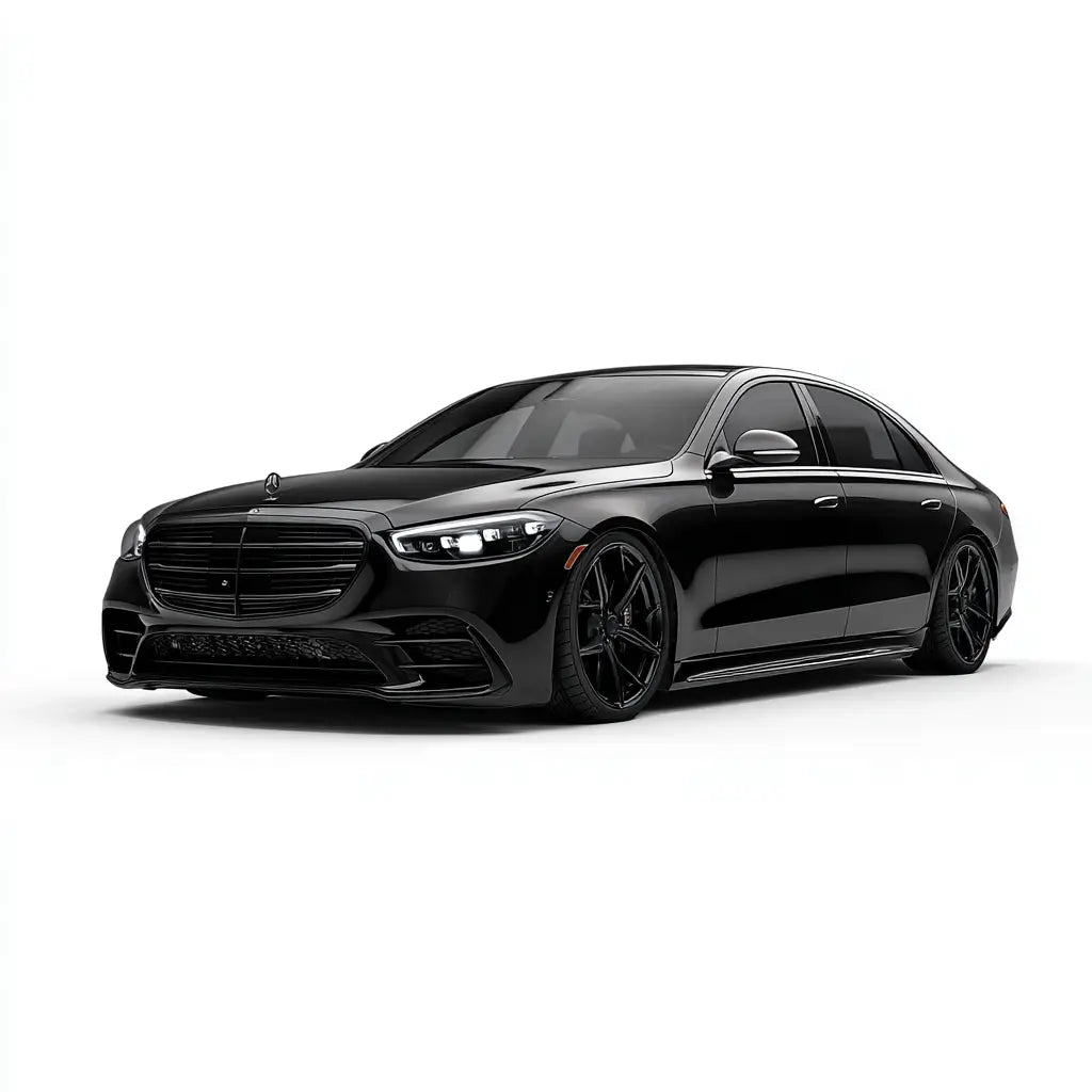 Fekete mercedes-benz s-class w223 szedán karbonszálas kipufogó rendszerrel és fényes modern dizájnnal