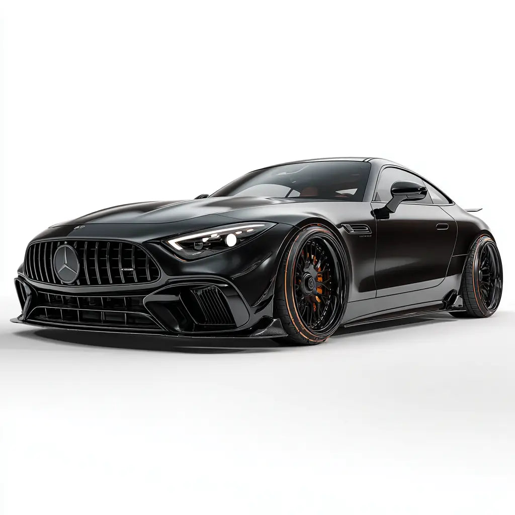 Fekete mercedes-amg gt r coupe karbon fiber részletekkel és kipufogó rendszerrel az sl43 55 63 r232 kollekcióból