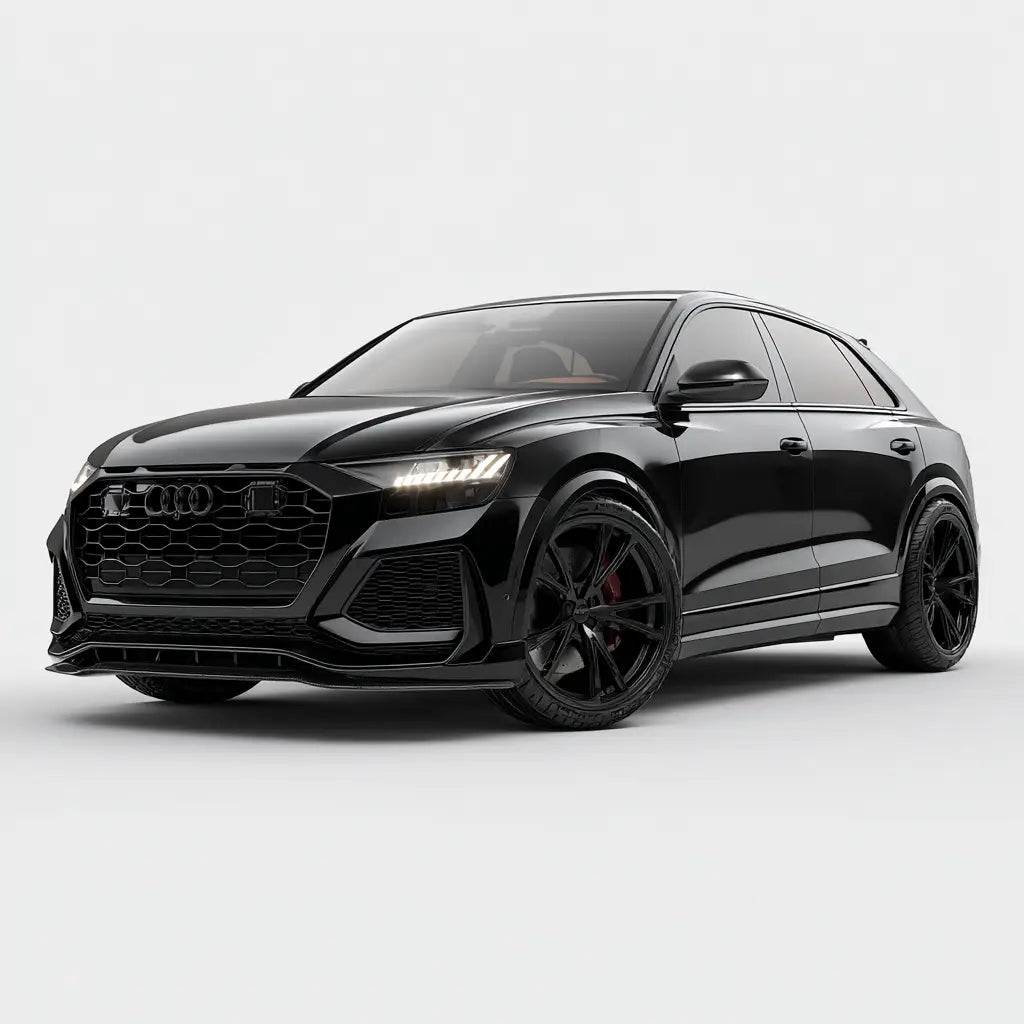 Fekete audi rs q8 sportos kialakítású szénszálas kipufogó rendszerrel az sq8/rsq8 kollekcióban