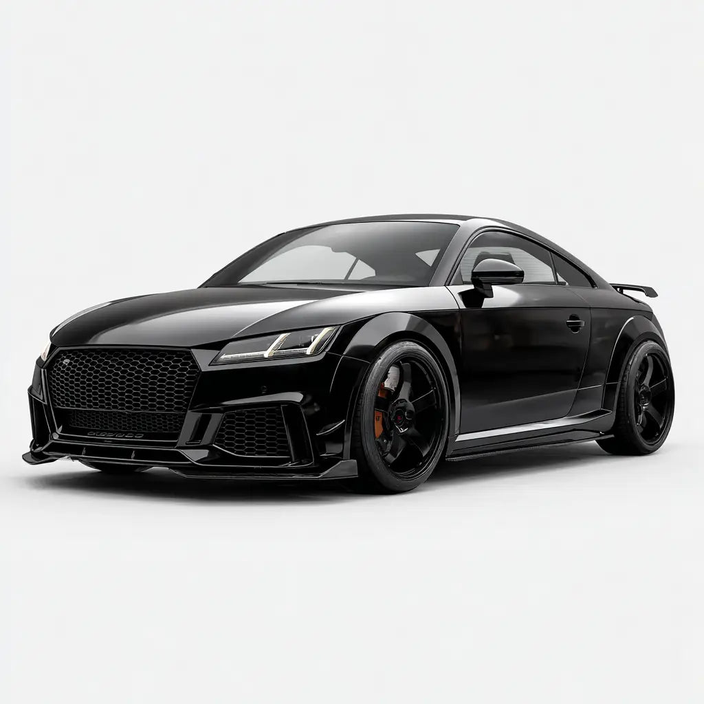Fekete audi tt rs sportkupé karbonszálas kipufogó rendszerrel és agresszív aerodinamikai kialakítással a tt/tts/ttrs kollekcióból