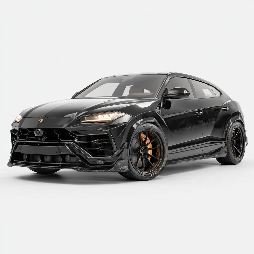 Fekete lamborghini urus fényes felülettel és narancssárga részletekkel, karbon kipufogó rendszerrel a gyűjteményben urus