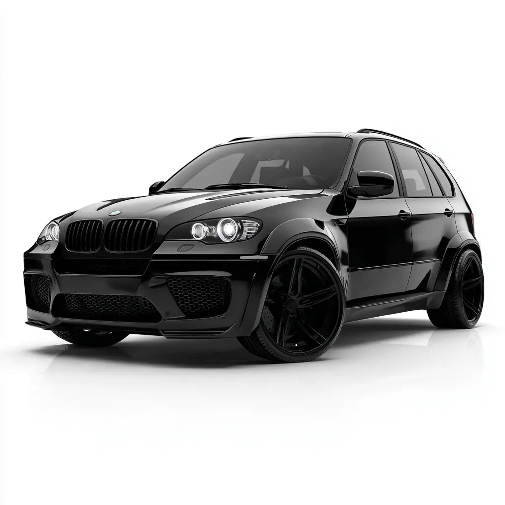 Fekete bmw x5 glossy felülettel és egyedi fekete könnyűfém keréktárcsákkal az x5/x5m x6/x6m e70/e71 kollekcióban kipufogó rendszerrel