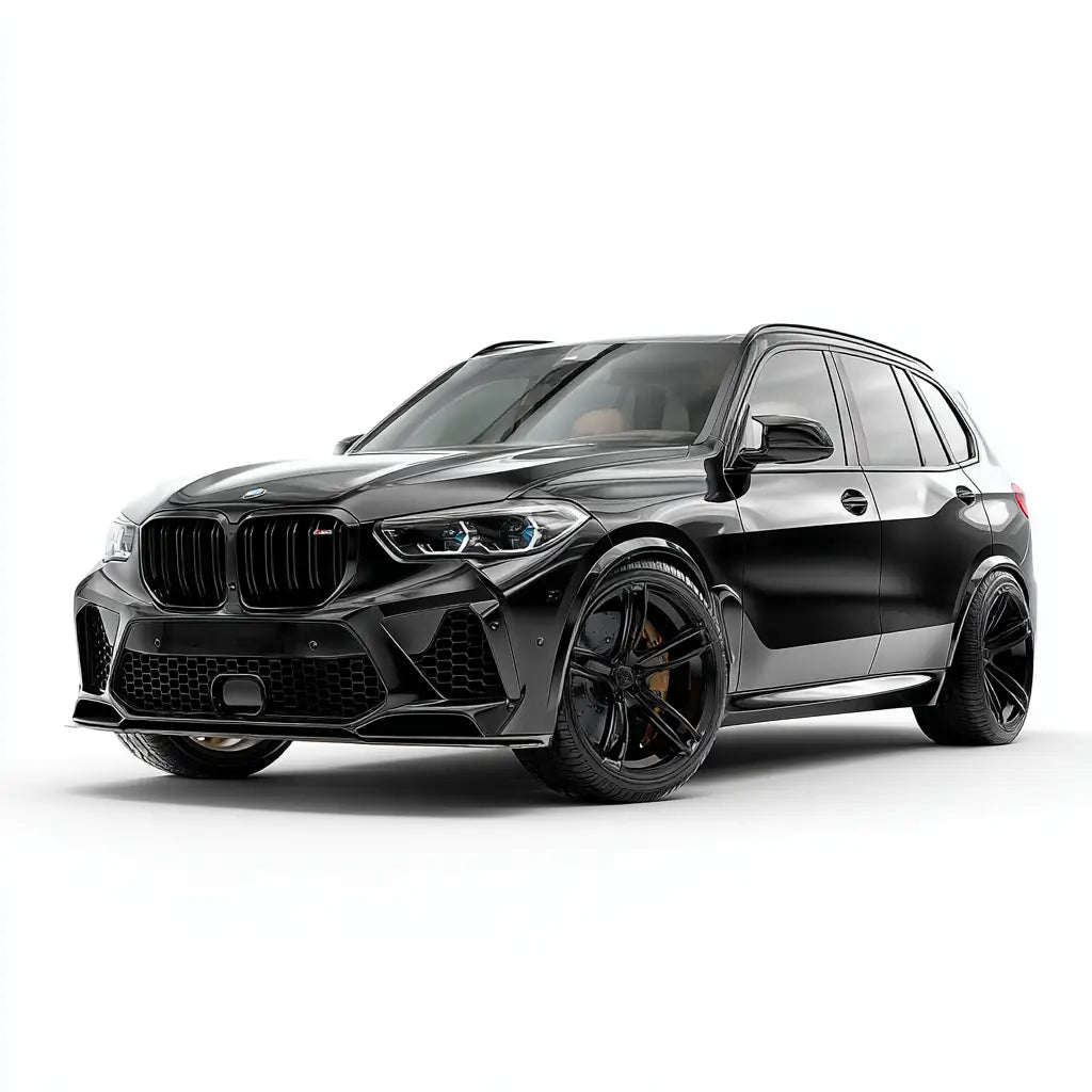 Fekete bmw x5 m modell sportos kialakítású suv karbon szén kipufogó rendszerrel a hátulnézetben