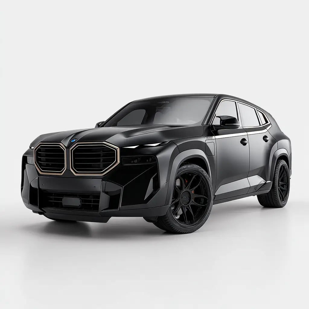 Fekete matt bmw x6 m arany akcentusú vesék és egyedi fekete karbon kipufogó rendszerrel xm g09 kollekcióban
