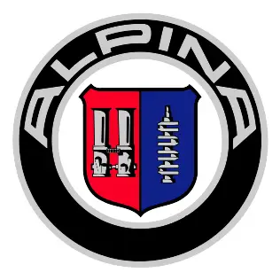 Alpine logó embléma piros kék pajzzsal toronyval és antennával az alpina váltószoftver kódolás 8hp g szériához