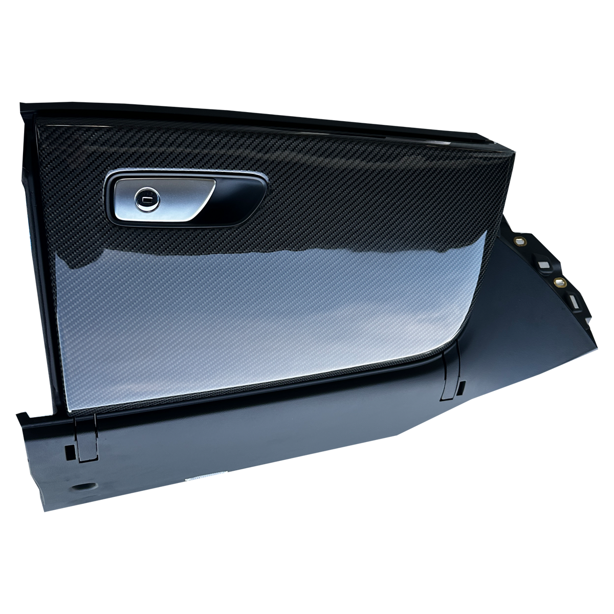 Carbon glovebox lid with OEM handle, three-quarter view – Audi R8 4S