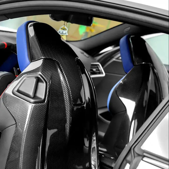 Fekete carbon fiber racing ülés kék díszítéssel bmw g80 m3 kipufogó és kipufogó rendszer belső elemekhez